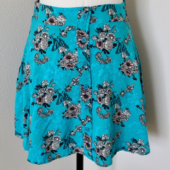 Midnight Hour Dresses & Skirts - Aqua Blue Floral Faux Button Front Mini Skater Skirt